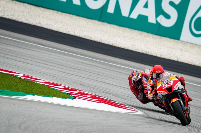 Aksi pembalap Repsol Honda, Marc Marquez pada balapan MotoGP Malaysia 2022, Minggu (23/10/2022)