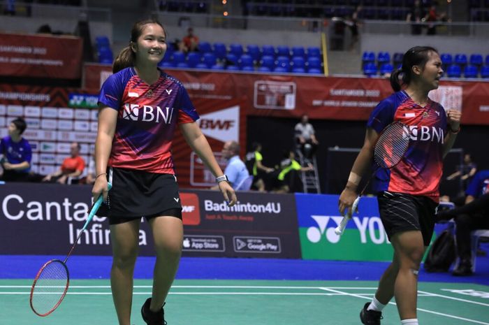 Pasangan ganda putri Indonesia, Rachel Alessya Rose/Meilysa Trias Puspitasari pada pertandingan babak 32 besar Kejuaraan Dunia Junior 2022, Rabu (26/10/2022)