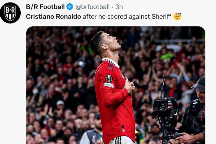 Selebrasi Cristiano Ronaldo setelah mencetak gol ke gawang Sheriff Tiraspol dalam laga Liga Europa, Kamis (27/10/2022) di Old Trafford.