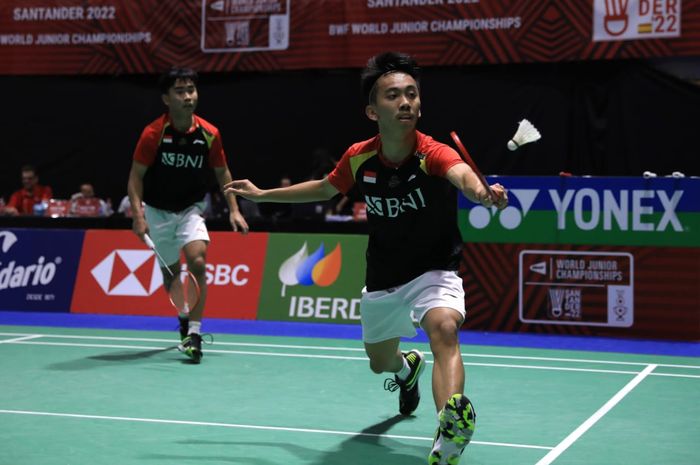 Pasangan ganda putra Indonesia, Muh Putra Erwiansyah/Patra pada laga semifinal  Kejuaraan Dunia Junior 2022 di Spanyol, Sabtu (29/10/2022). 
