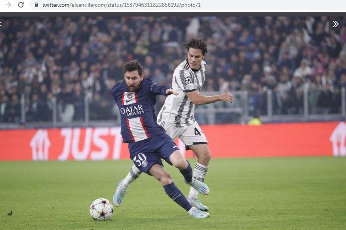 Aksi megabintang Paris Saint-Germain, Lionel Messi, dalam laga melawan Juventus di Liga Champions 2022-2023