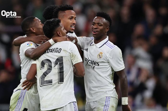 Para pemain Real Madrid merayakan gol yang dicetak Eder Militao ke gawang Cadiz dalam jornada 14 Liga Spanyol 2022-2023 di Stadion Santiago Bernabeu, Kamis (10/11/2022).