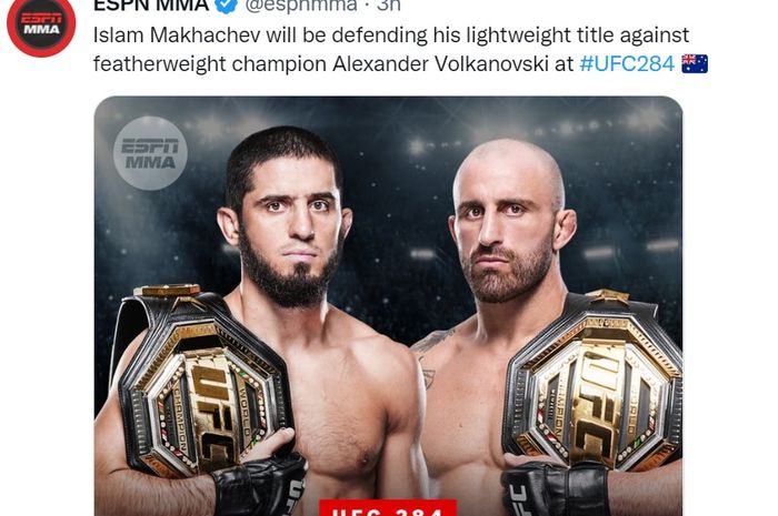 Pengumuman duel Islam Makhachev vs Alexander Volkanovski di akun Twitter ESPN.