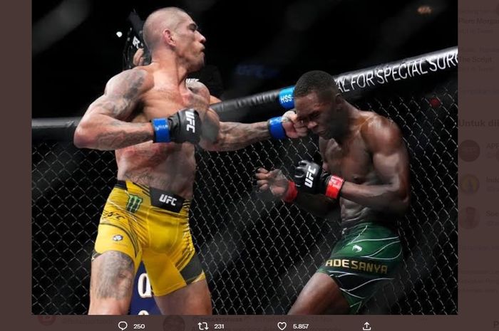 Alex Pereira saat mengalahkan Israel Adesanya dalam pertarungan mereka di gelaran UFC 281 pada Minggu (13/11/2022)