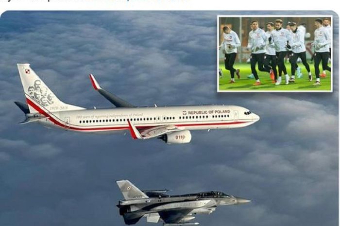 Pesawat timnas Polandia dikawal dalam perjalanan ke Qatar untuk Piala Dunia 2022 sebagai bentuk pengamanan oleh pesawat militer.