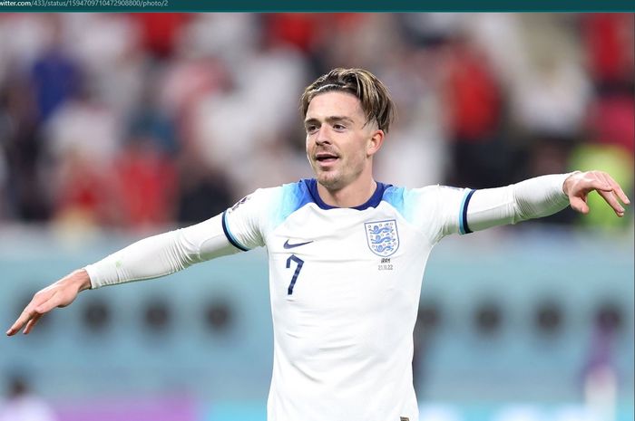 Winger timnas Inggris, Jack Grealish, melakukan sebuah selebrasi usai menjebol gawang timnas Iran pada laga pembuka Grup B Piala Dunia 2022.