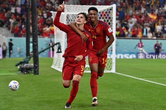 Gavi (9) mencetak gol kelima negaranya dalam laga Spanyol vs Kosta Rika di Piala Dunia 2022, Rabu (23/11/2022) malam WIB.