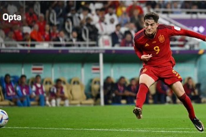 Gelandang Timnas Spanyol, Gavi, mencetak gol ke gawang Kosta Rika pada laga Grup E Piala Dunia 2022, Rabu (23/11/2022) malam WIB.