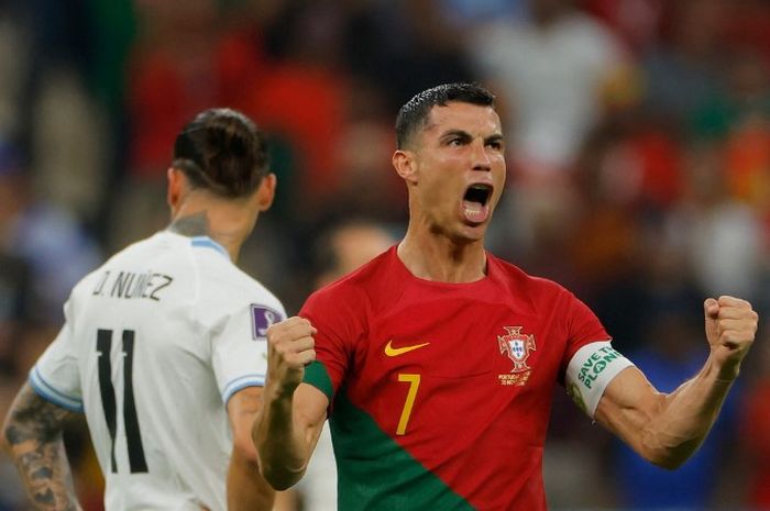 Ekspresi Cristiano Ronaldo usai menjebol gawang Urguay pada penyisihan grup Piala Dunia 2022.