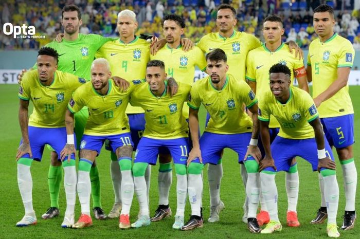 Para pemain timnas Brasil berfoto sebelum laga melawan timnas Korea Selatan dalam babak 16 besar Piala Dunia 2022 di Stadium 974, Senin (5/12/2022).