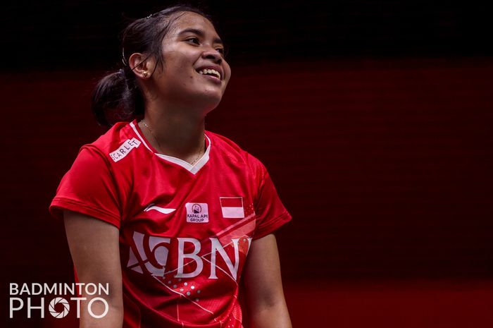 Ekspresi Gregoria Mariska Tunjung usai mengalahkan wakil China Chen Yu Fei pada laga pertama babak penyisihan grup BWF World Tour Finals 2022, Rabu (7/12/2022)