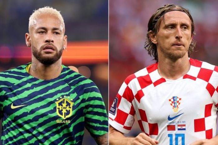 Neymar (kiri) dari Brasil dan Luka Modric dari Kroasia. Keduanya akan saling berhadapan di babak perempat final Piala Dunia 2022.