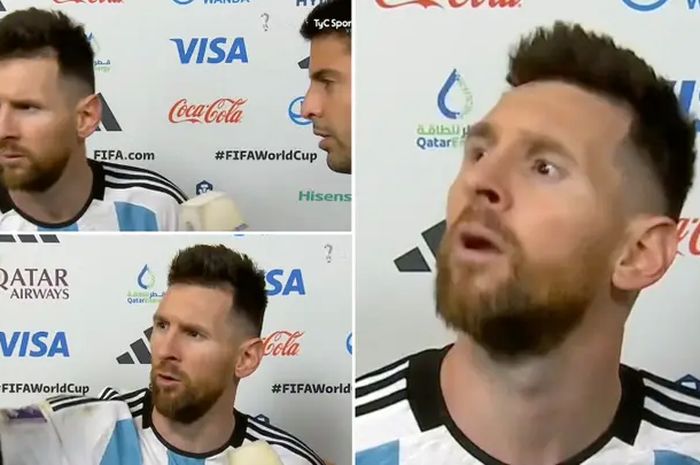 Kapten timnas Argentina Lionel Messi terlihat marah dan meneriaki salah satu pemain timnas Belanda 'bodoh' ditengah sesi wawancaranya setelah timnya mengalahkan Belanda dalam adu penalti di perempat final Piala Dunia 2022, Jumat (10/12/2022).