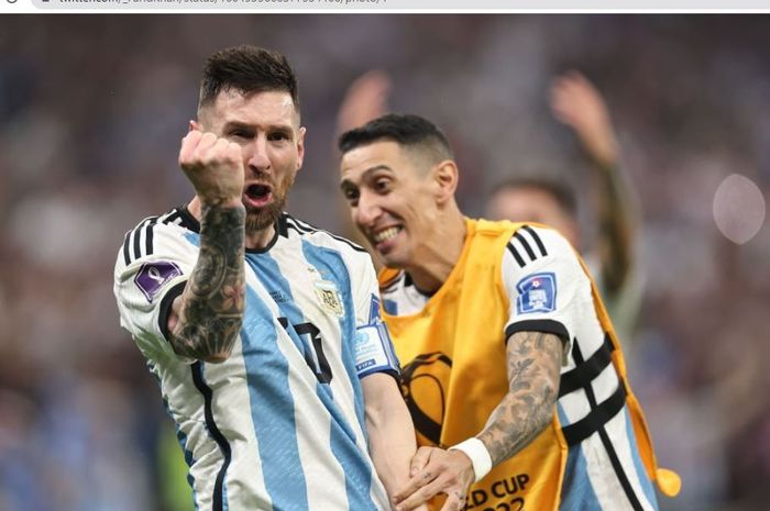 Megabintang timnas Argentina, Lionel Messi, merayakan gol ke gawang timnas Prancis dalam laga final Piala Dunia 2022.