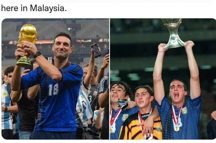 Lionel Scaloni membawa timnas Argentina juara Piala Dunia 2022 (kiri), 25 tahun setelah kampiun Piala Dunia U-20 1997 di Malaysia saat jadi pemain junior (kanan).