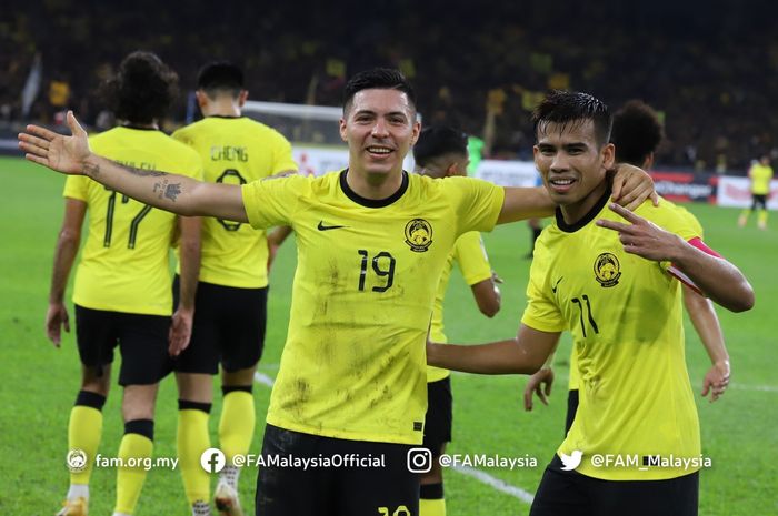 Pemain timnas Malaysia, Sergio Aguero, melakukan selebrasi setelah mencetak gol ke gawang Laos, Sabtu (24/12/2022).