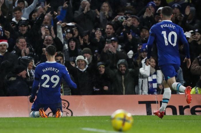 Pemain Chelsea, Kai Havertz, merayakan golnya ke gawang Bournemouth pada laga Liga Inggris 2022-2023.
