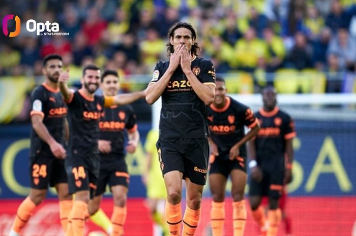 Penyerang Valencia, Edinson Cavani, merayakan golnya ke gawang Villarreal dalam jornada 15 Liga Spanyol 2022-2023 di Estadio de la Ceramica, Sabtu (31/12/2022).