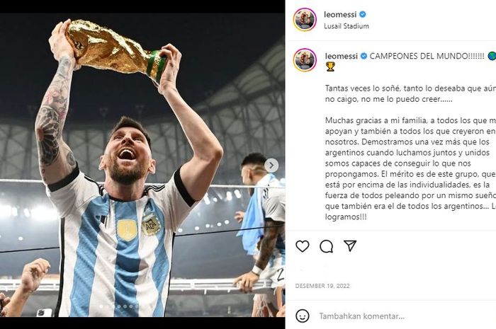 Postingan pemain Argentina Lionel Messi di Instagram setelah memenangkan Piala Dunia 2022. Postingan ini memecahkan rekor disukai terbanyak di Instagram.