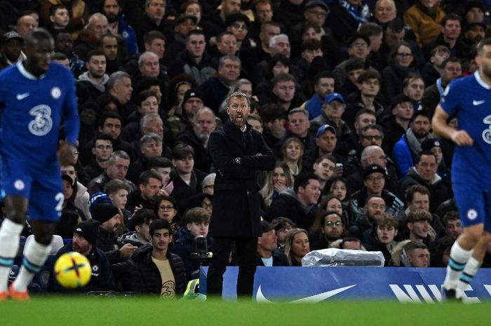 Pelatih Chelsea, Graham Potter, dalam duel Liga Inggris lawan Manchester City di Stamford Bridge, London (5/1/2023).