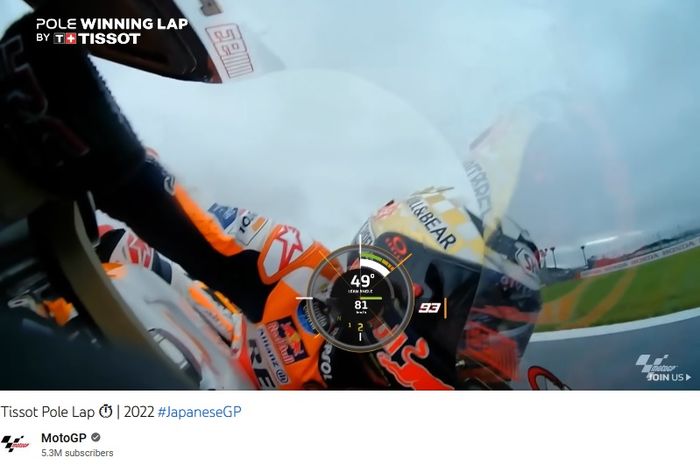 Video lap tercepat Marc Marquez saat merebut pole position pada MotoGP Jepang 2022. Informasi mengenai kecepatan, posisi persneling, sudut kemiringan motor dalam infografis di siaran MotoGP ini didapat dari data telemetri. 