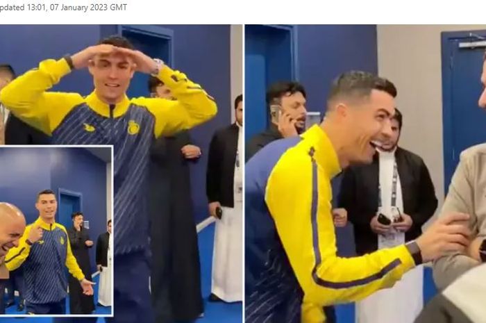 Cristiano Ronaldo nampak tertawa lepas saat berbicara dengan pelatih Al Ta'ee, Pepa, dan para petinggi sepak bola Arab Saudi.