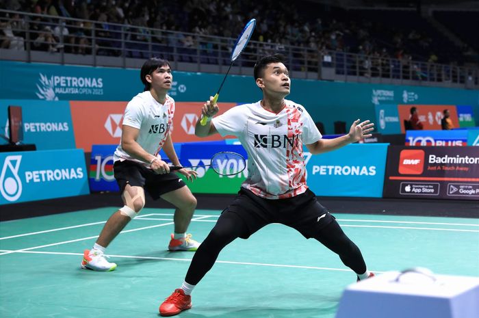 Pasangan ganda putra, Leo Rolly Carnando/Daniel Martin, saat tampil di Malaysia Open 2023.