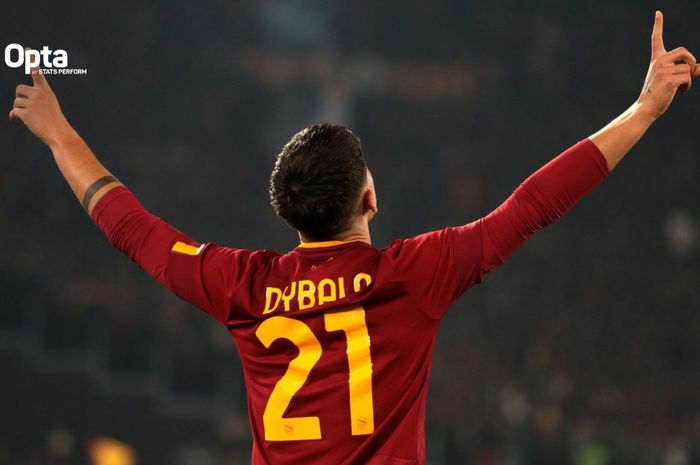 Paulo Dybala merayakan gol untuk AS Roma.