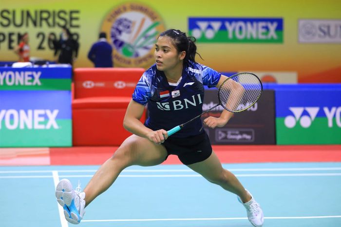 Pebulu tangkis tunggal putri Indonesia,  Gregoria Mariska Tunjung,  pada babak pertama India Open 2023 di KD Jadhav Indoor Hall, New Delhi, Rabu (18/1/2023).