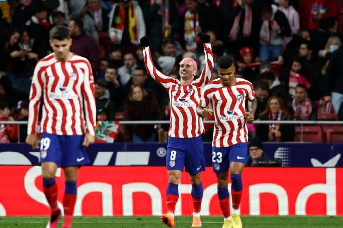 Selebrasi Antoine Griezmann usai menjebol gawang Real Valladolid di Liga Spanyol, Sabtu (21/1/2023).