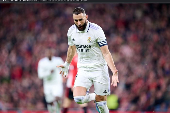 Selebrasi Karim Benzema usai mencetak gol ke gawang Athletic Club dalam laga pekan ke-18 Liga Spanyol 2022-2023.