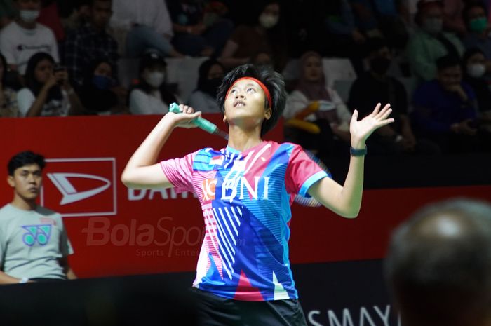 Tunggal putri tanah air, Putri Kusuma Wardani, saat tampil melawan Aya Ohori (Jepang) pada babak pertama Indonesia Masters 2023 di Istora Senayan, Jakarta, Rabu (25/1/2023).