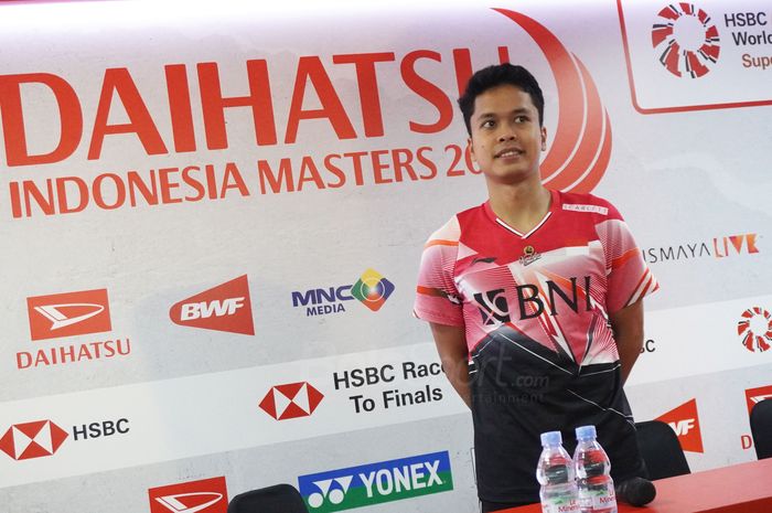 Tunggal putra Indonesia, Anthony Sinisuka Ginting, pada konferensi pers pasca babak pertama Indonesia Masters 2023 di Istora Senayan, Jakarta, Rabu (23/1/2023).