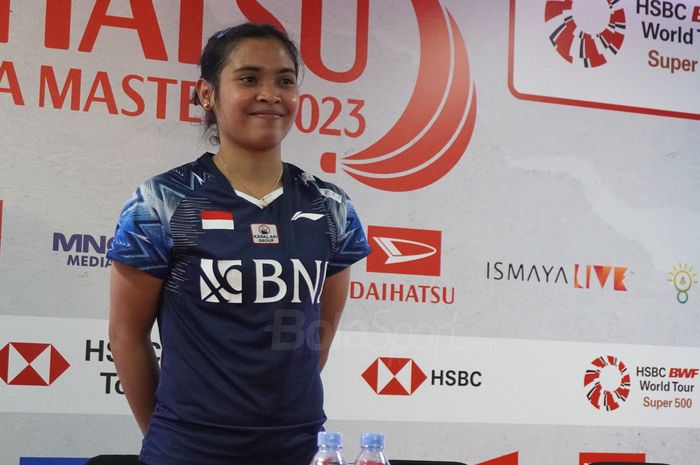 Tunggal putri Indonesia, Gregoria Mariska Tunjung, pada konferensi pers pasca laga babak pertama Indonesia Masters 2023 di Istora Senayan, Jakarta, Rabu (25/1/2023).