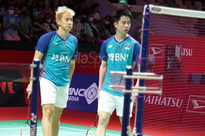 Ganda putra Indonesia, Marcus Fernaldi Gideon/Kevin Sanjaya Sukamuljo ketika tampil pada babak kedua Indonesia Masters 2023, Kamis (26/1/2023)