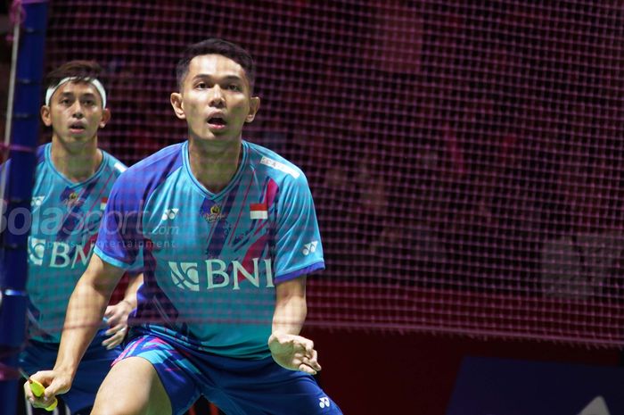 Muhammad Rian Ardianto dan Fajar Alfian saat melawan pasangan ganda putra Taiwan, Chang Ko-Chi dan PO Li-Wei, pada babak kedua Indonesia Masters 2023, Kamis (26/1/2023) 