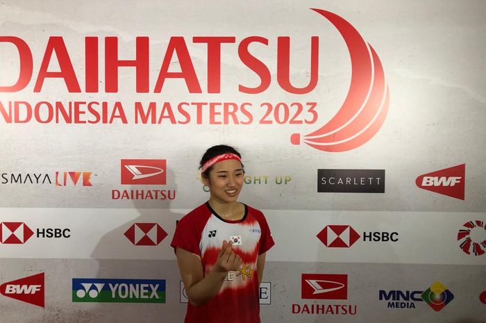 Tunggal putri asal Korea Selatan, An Se-young, saat jumpa pers pasca laga babak 16 besar Indonesia Masters di Istora Senayan, Jakarta, Kamis (26/1/2023).