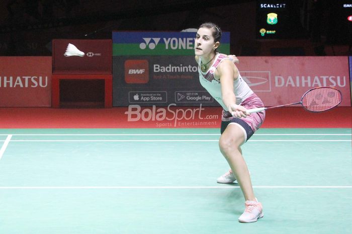 Pebulu tangkis tunggal putri Spanyol, Carolina Marin, pada final Indonesia Masters 2023 di Istora Senayan, Jakarta, Minggu (29/1/2023).
