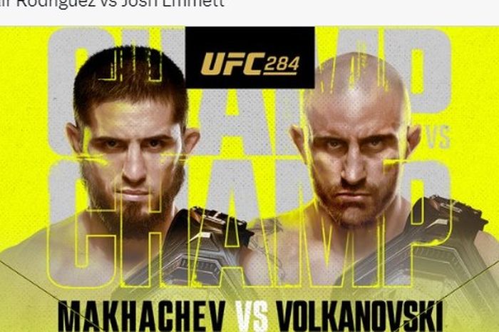 Poster pertarungan acara utama UFC 284 antara Islam Makhachev vs Islam Volkanovski pada 12 Februari nanti di Australia.