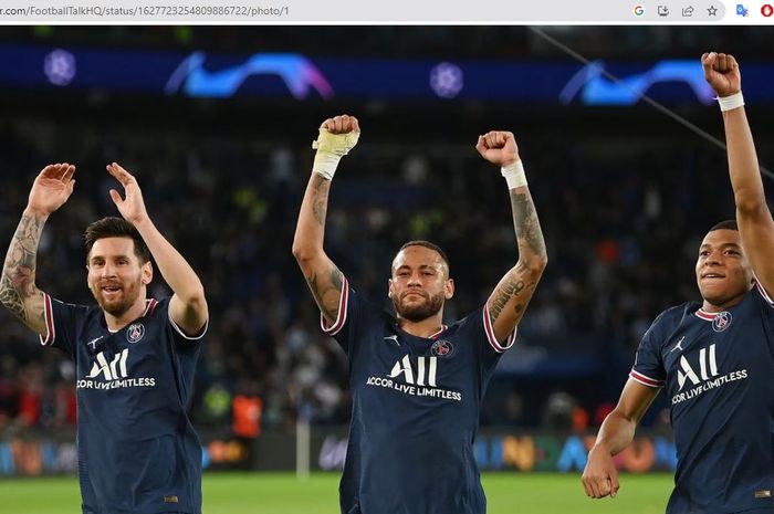 Trio penyerang Paris Saint-Germain (dari kiri ke kanan): Lionel Messi, Neymar Junior, dan Kylian Mbappe.