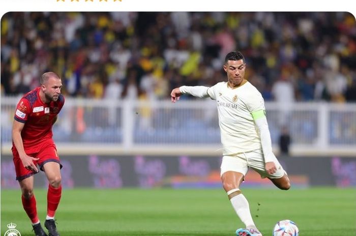 Aksi Cristiano Ronaldo dalam laga melawan Damac di Liga Arab Saudi.