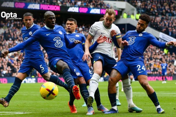 Penyerang Tottenham Hotspur, Harry Kane, berebut bola dengan Kalidou Koulibaly dan Reece James saat melawan Chelsea dalam matchday 25 Liga Inggris 2022-2023 di Tottenham Hotspur Stadium, Minggu (26/2/2023).