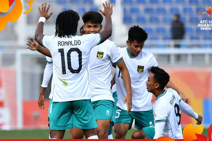 Pemain Timnas U-20 Indonesia merayakan gol yang dicetak Hokky Caraka ke gawang Timnas U-20 Suriah di laga Grup A Piala Asia U-20 2023.