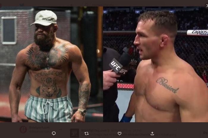 Michael Chandler (kanan) memberikan penjelasan tentang duelnya dengan Conor McGregor (kiri)