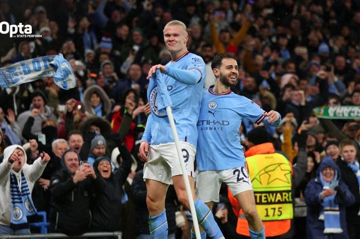 Striker Manchester City, Erling Haaland, mencetak 5 gol ke gawang RB Leipzig dalam laga leg kedua babak 16 besar Liga Champions di Stadion Etihad, Selasa (14/3/2023).