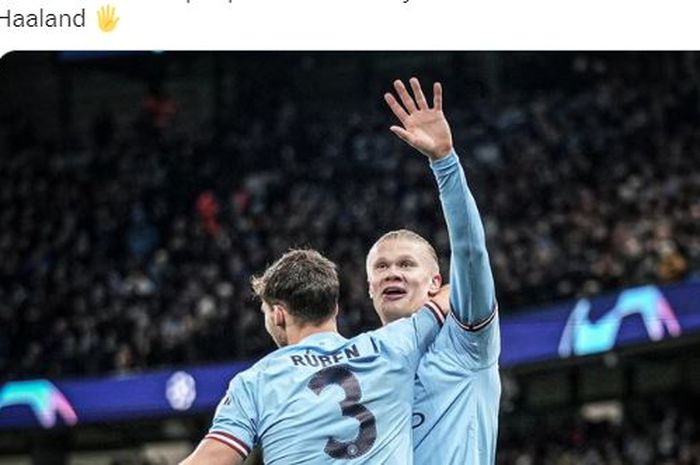 Striker Manchester City, Erling Haaland, merayakan gol ke gawang RB Leipzig dalam laga leg kedua babak 16 besar Liga Champions di Stadion Etihad, Selasa (14/3/2023).