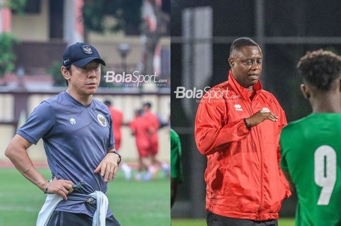 Pelatih timnas Indonesia, Shin Tae-yong (kiri) memiliki pendapat yang berbeda dengan pelatih timnas Burundi, Etienne Ndayiragije (kanan) terkait ibadah puasa saat sedang latihan.