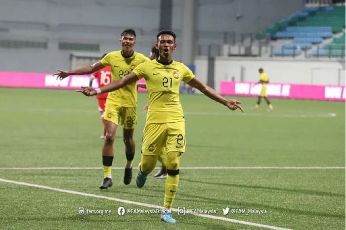 Pemain Timnas U-22 Malaysia, Safwan Mazlan, merayakan gol ke gawang Timnas U-22 Hong Kong di laga final Merlion Cup 2023, Minggu (26/3/2023).