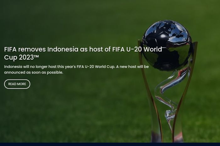 Tangkapan layar situs FIFA setelah mencoret Indonesia sebagai tuan rumah Piala Dunia U-20 2023. Hal ini pernah dialami negara lain di turnamen garapan FIFA dahulu.