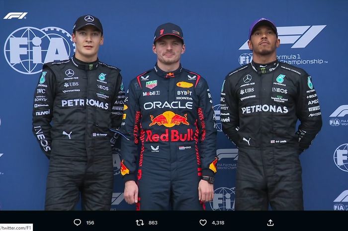 (Ki-ka) George Russell, Max Verstappen, dan Lewis Hamilton mengisi posisi tiga besar dari kualifikasi Formula 1 GP Australia di Sirkuit Albert Park, Melbourne, Australia, 1 April 2023.
